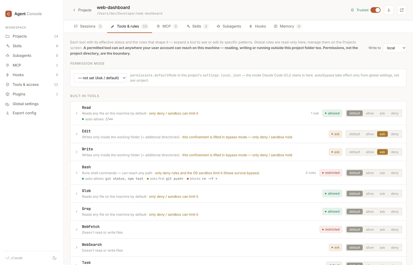 The Tools & rules tab — each built-in tool with the permission status that actually applies, and default / allow / ask / deny controls beside it.