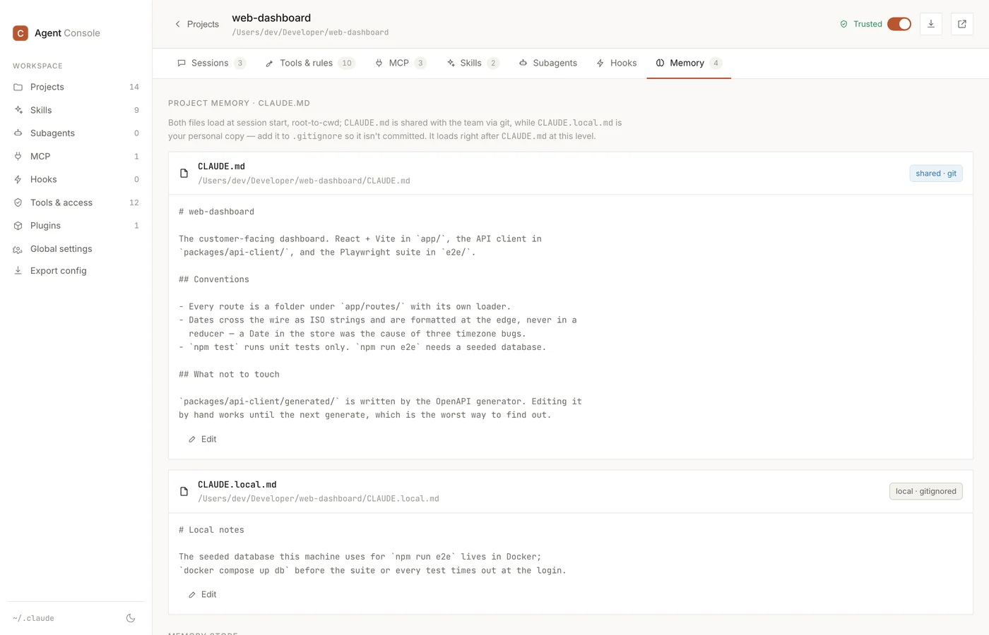 The Memory tab — the project's CLAUDE.md tagged shared, CLAUDE.local.md tagged gitignored, each shown in full and editable in place.