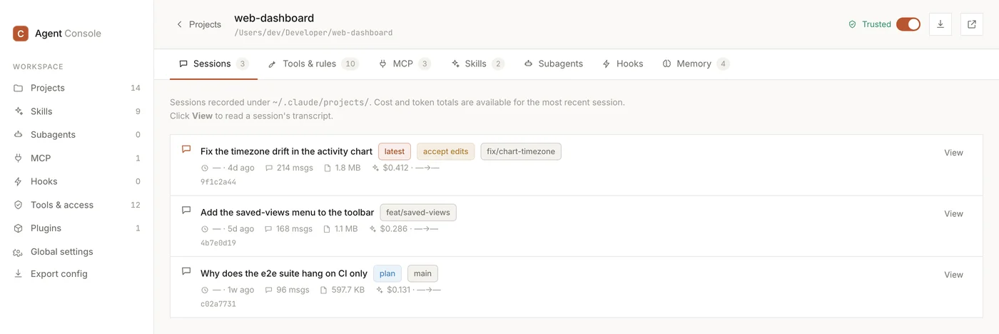 The Sessions tab — recorded sessions with their title, permission mode, git branch, message count, size and cost.