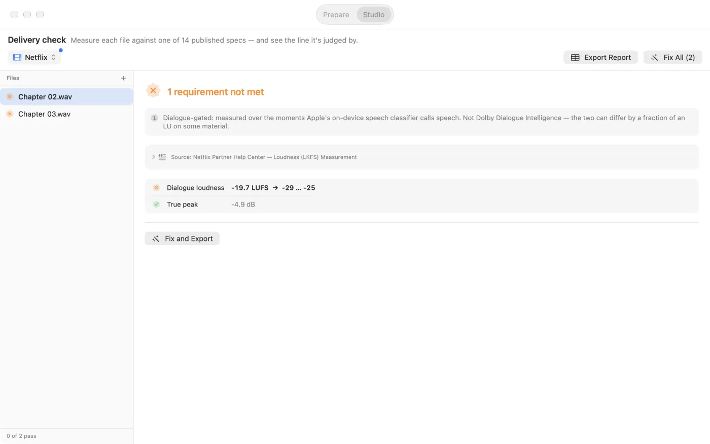 A Netflix check measuring dialogue loudness only, with a note on how speech is detected.