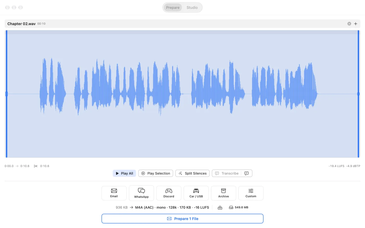 The Prepare tab: a recording's waveform with trim handles, destinations for Email, WhatsApp, Discord, Car and Archive, and the size it will be sent at.