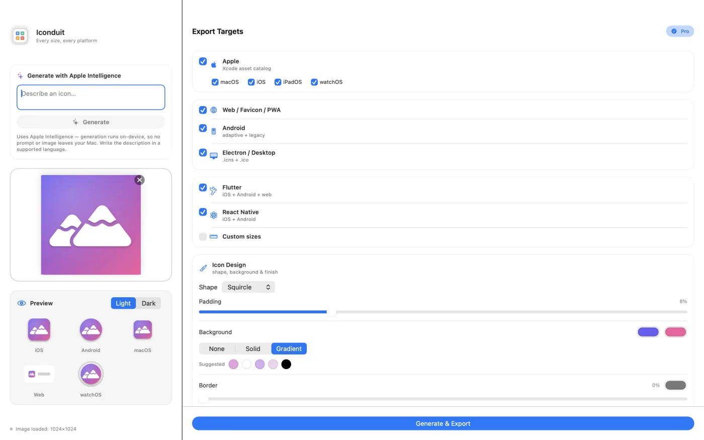 Iconduit's main window — one source image loaded, every export target enabled, and the live preview populated across iOS, Android, macOS and web.