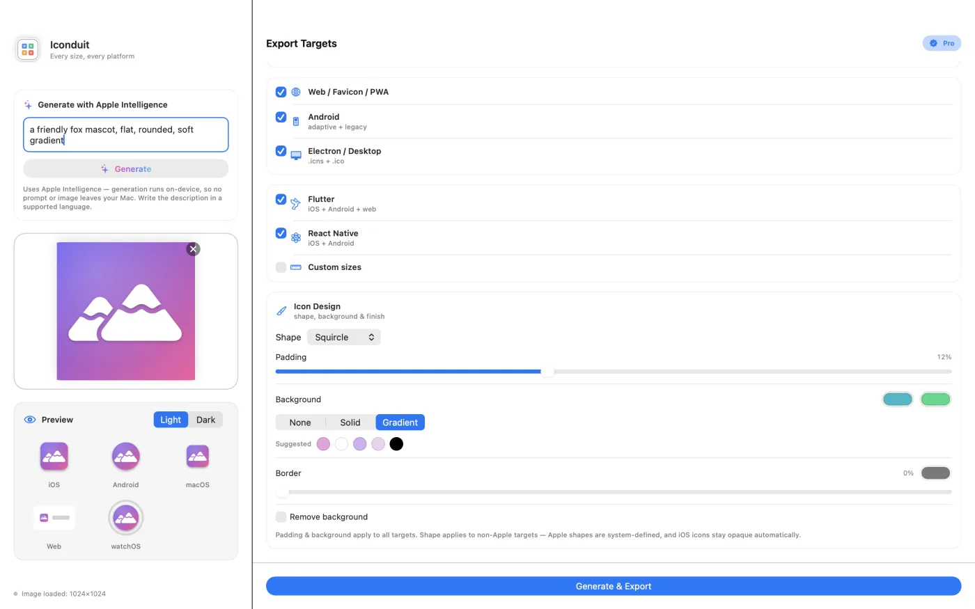 The Icon Design panel — shape, background, padding and border, with the live preview matching what will export.