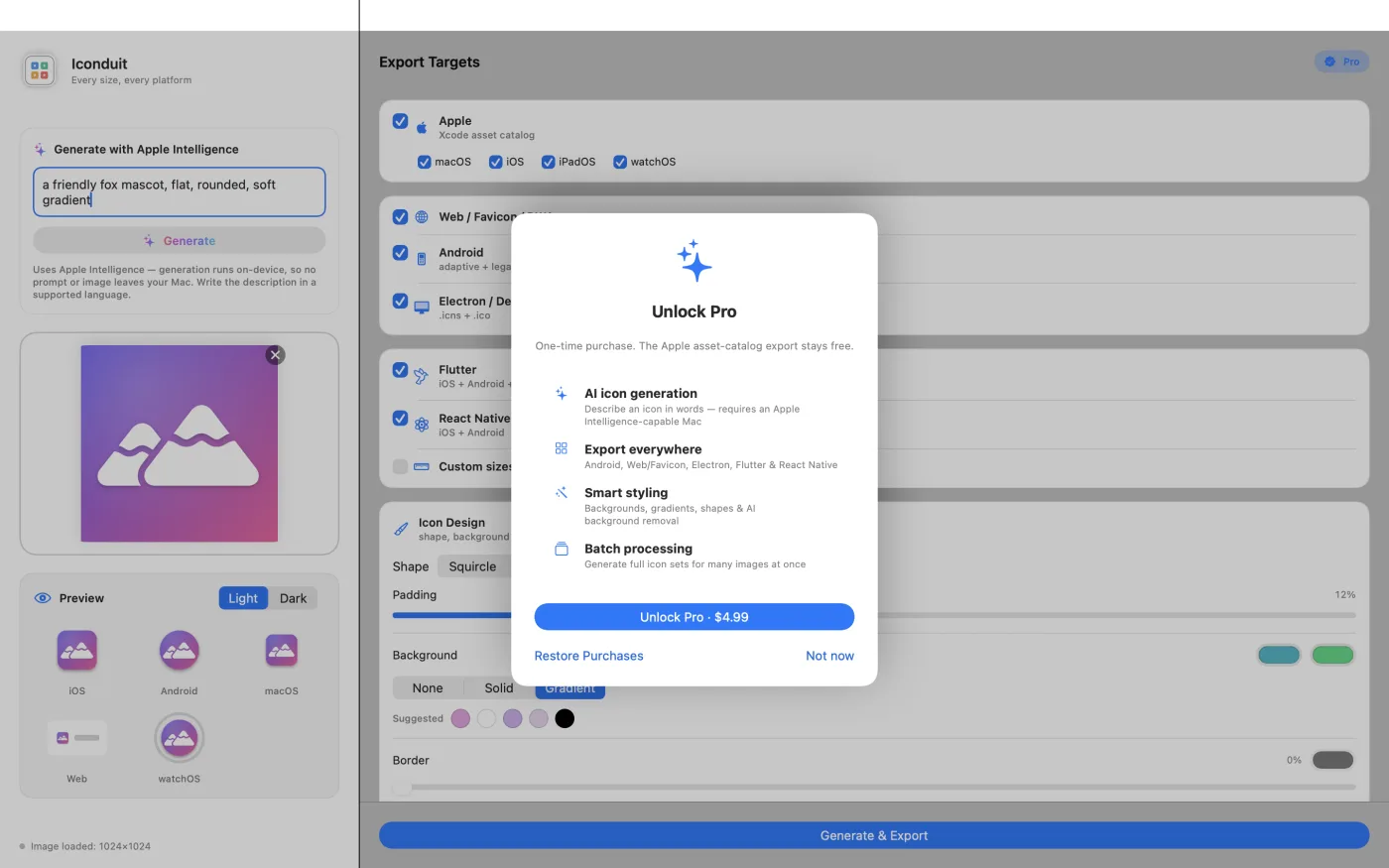 The Pro screen — a one-time unlock for the non-Apple export targets, the styling tools and the AI features.