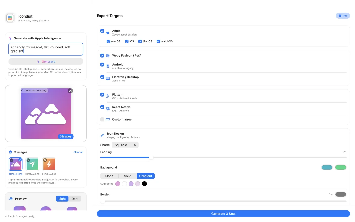 Batch mode — several source images in a thumbnail strip, each generating a full icon set in one pass.