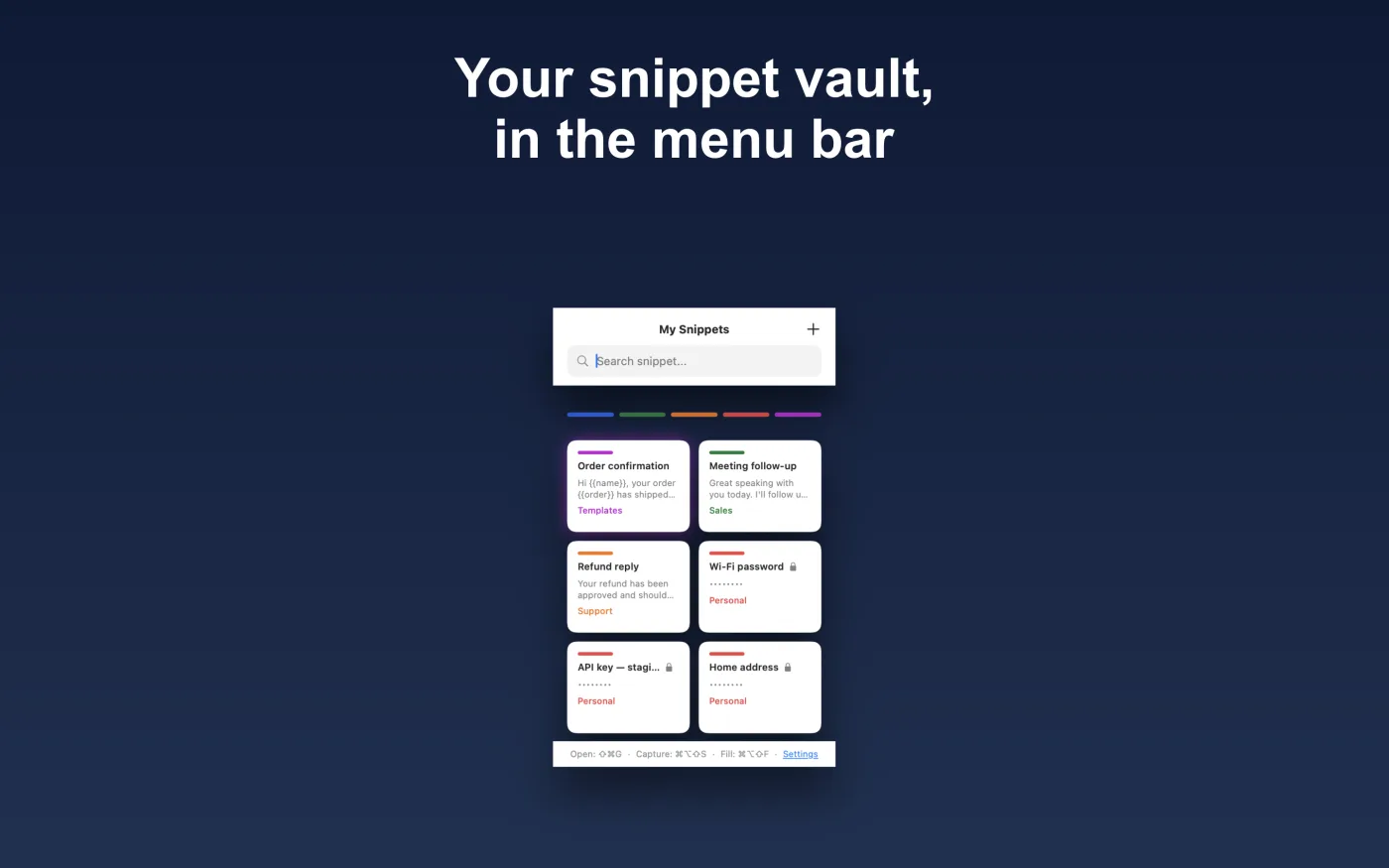 Snippet's menu-bar vault — saved snippets in colored categories with a search field at the top, and lock icons marking the encrypted ones.