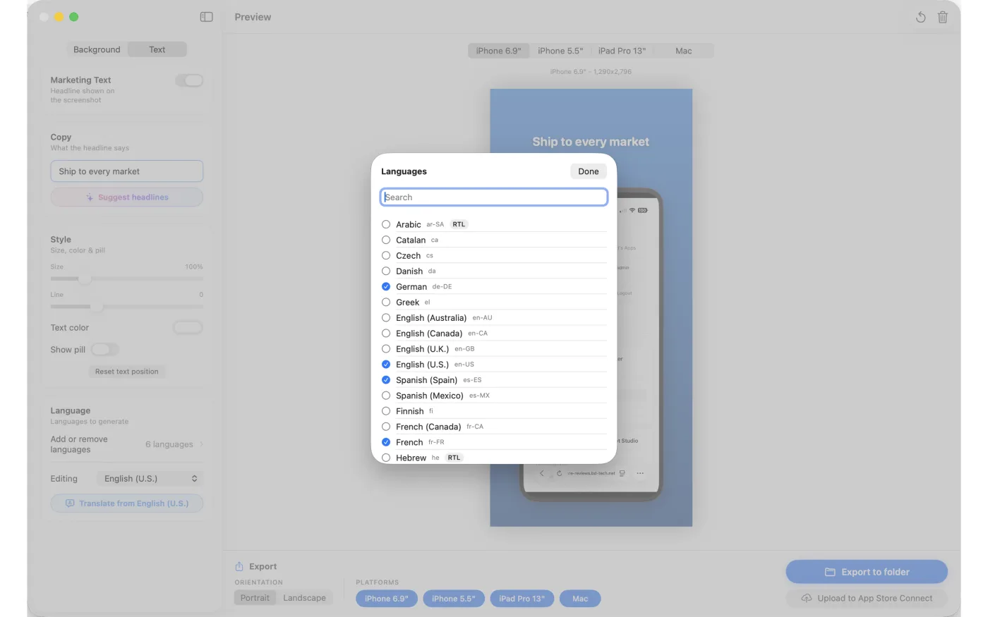 The language picker, listing App Store locales to localize into, with Hebrew tagged right-to-left.