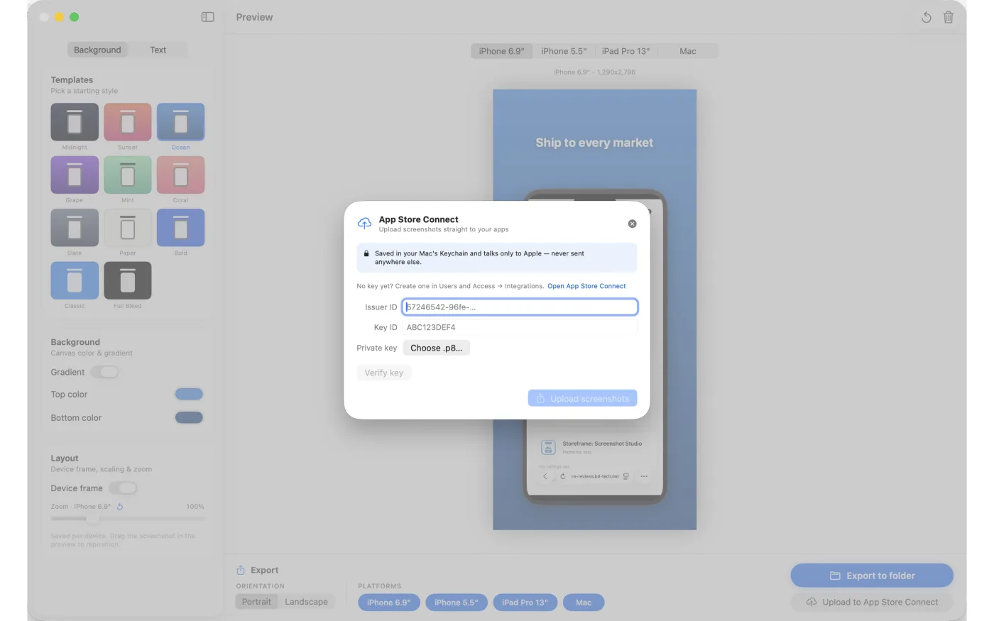 The App Store Connect upload panel, noting that API credentials stay in the Mac's Keychain.