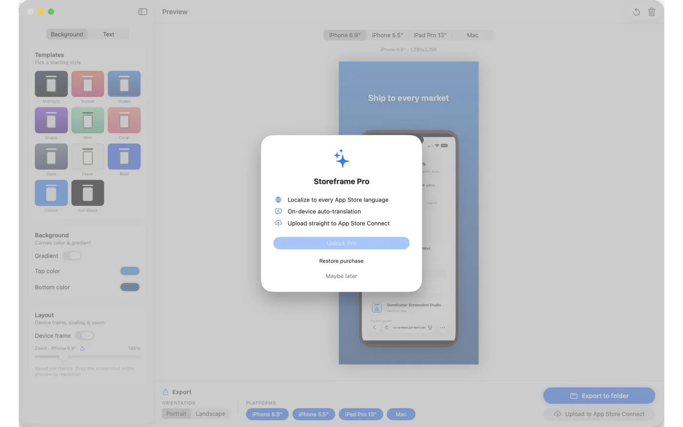 The Pro screen — a one-time unlock for multi-language export, translation, and App Store Connect upload.
